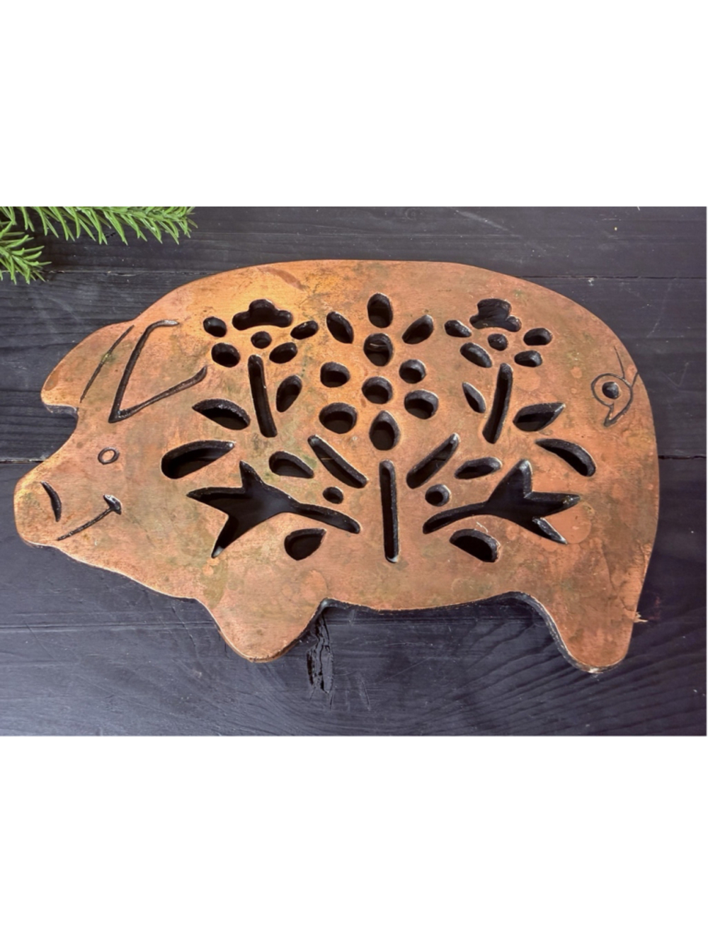 Copper Pig Trivet Floral Cutout Wall Hanging MCM Kitchen Decor 8” Vintage